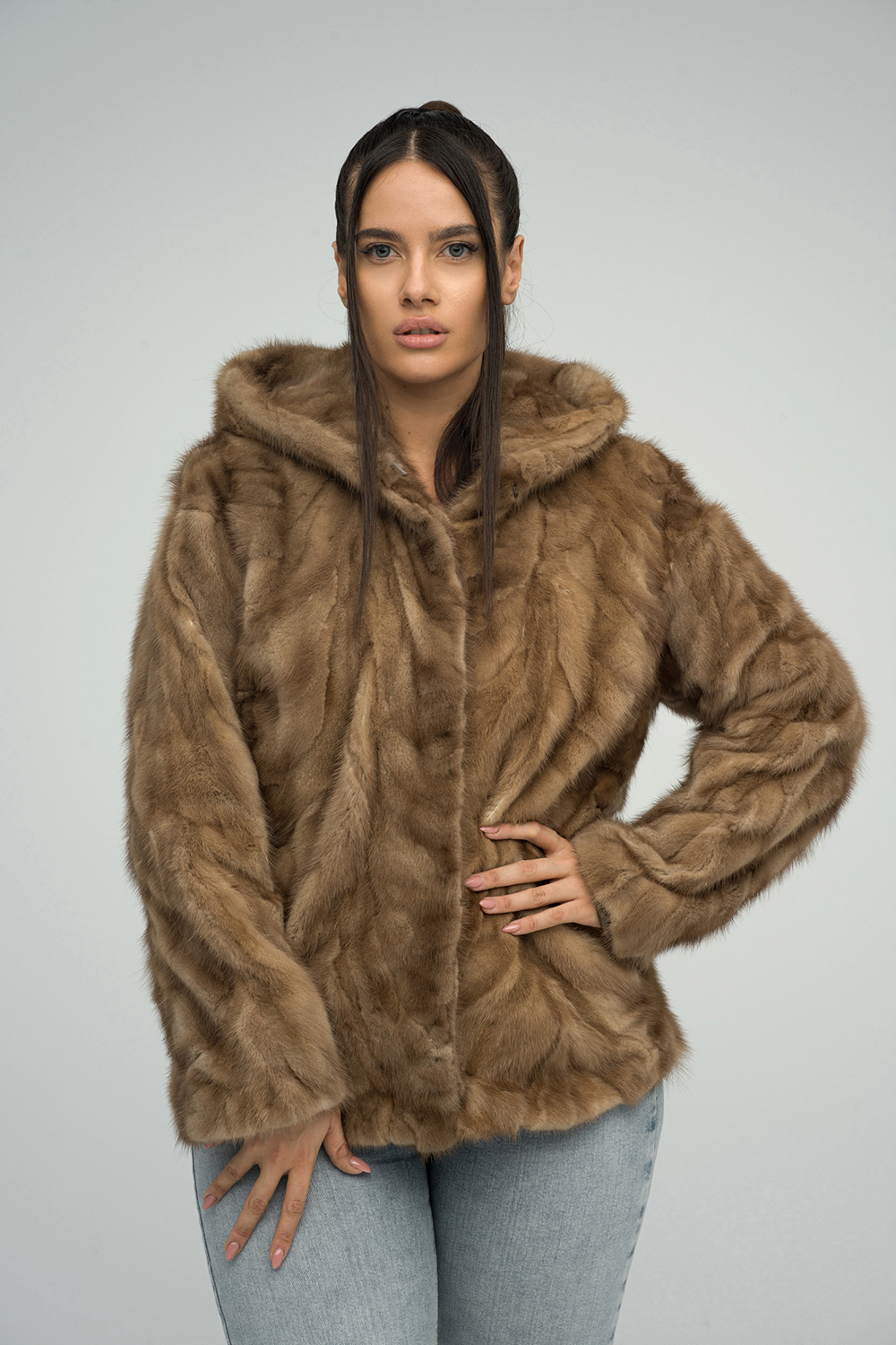Hooded mink fur coat 2058 taupe 1