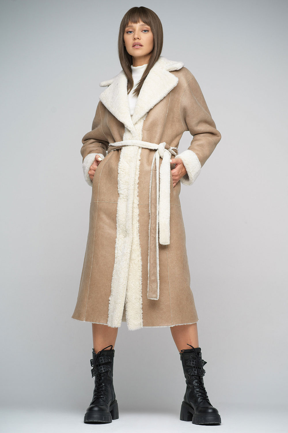 Long sheepskin coat for women 2034 beige 4