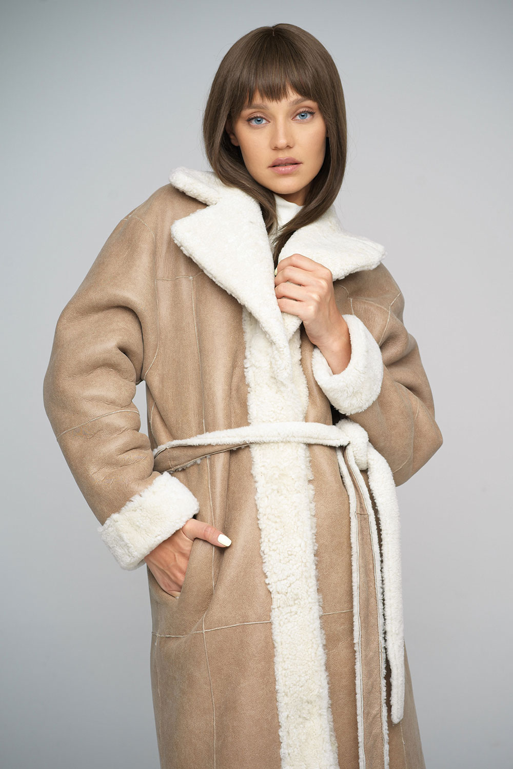 Long sheepskin coat for women 2034 beige 6