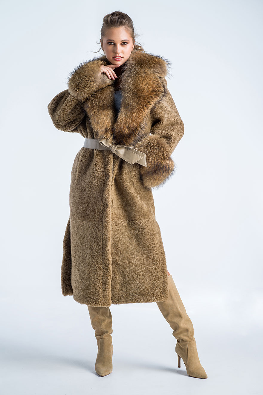 Sheepskin coat with raccoon or polar fox fur 2027 beige 1